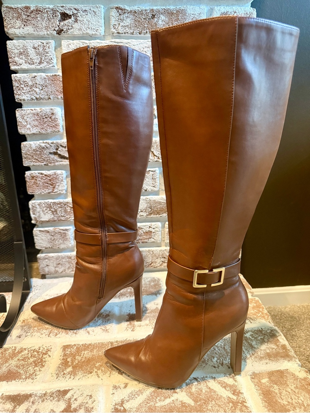 Women's Tall Brown Leather Like Pointed-Toe Heeled Boots-Size 8